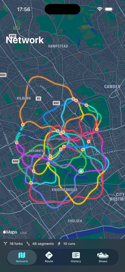 iPhone Network tab: the run network drawn as neon segments joined at fork dots on a dark map