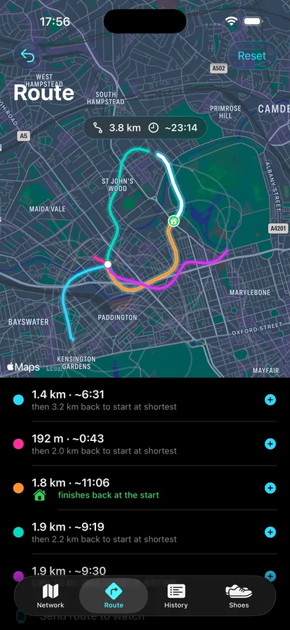 iPhone Route tab: building a route by picking coloured segments, with distance and time totals
