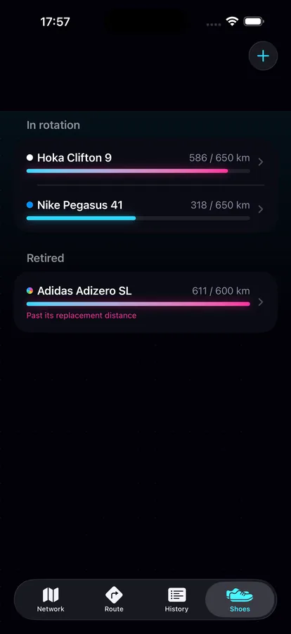 iPhone shoe list with wear bars and a replacement warning