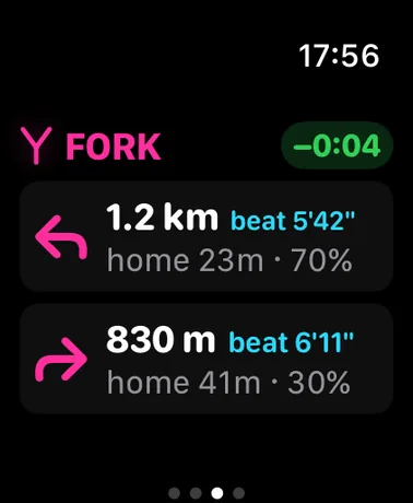 Fork pop-up on the watch: each branch's distance, pace to beat and quickest way home, with the live segment delta