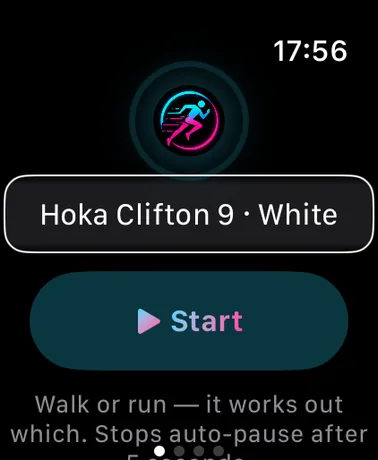 Watch start screen: shoe picker and Start button